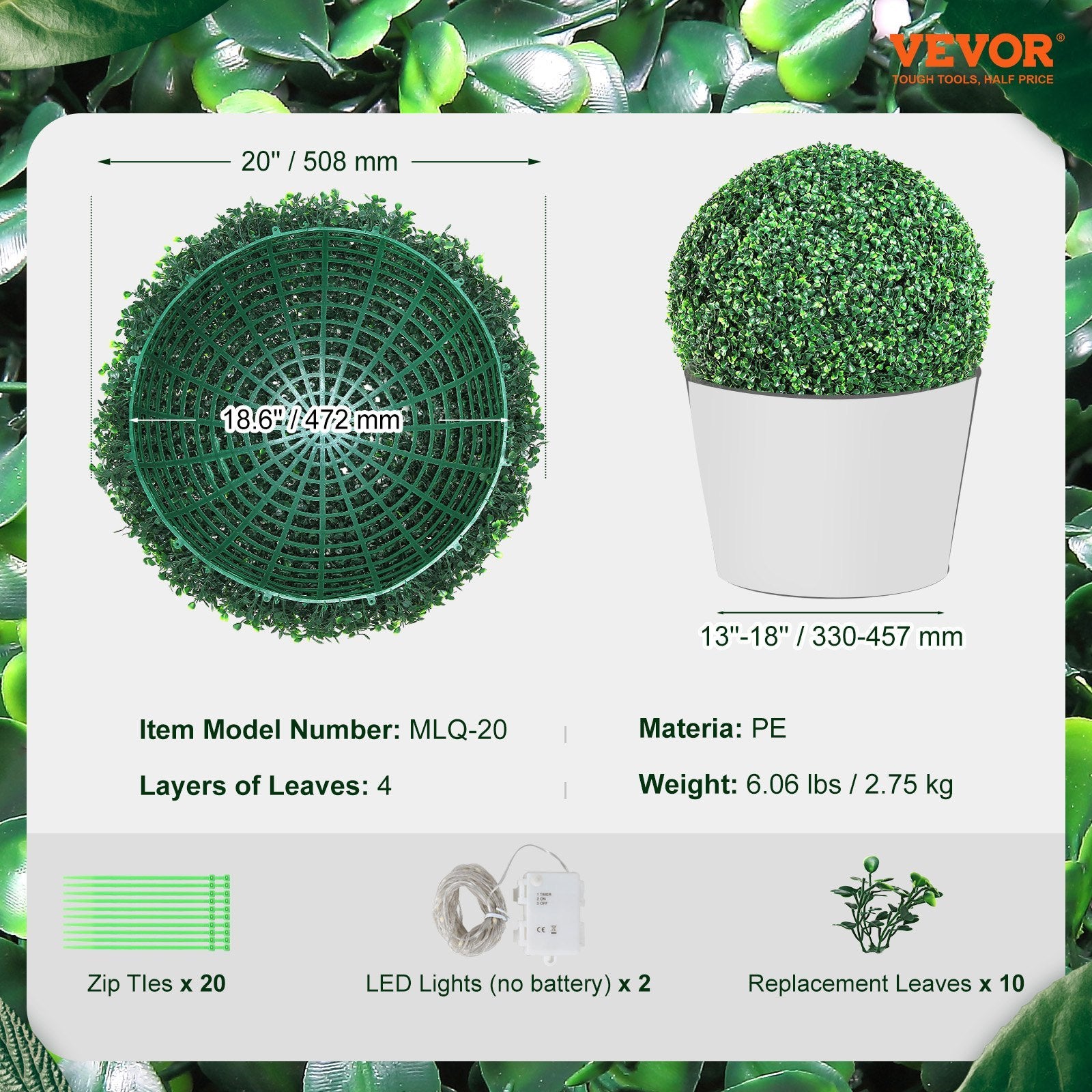 VEVOR Artificial Topiaries Boxwood Trees, 20Tall  2 Pieces , Ball Shape Faux Topiaries Plant, All Year Green Feaux Plant Decorative Balls For Backyard, Balcony,Garden, Wedding And Home